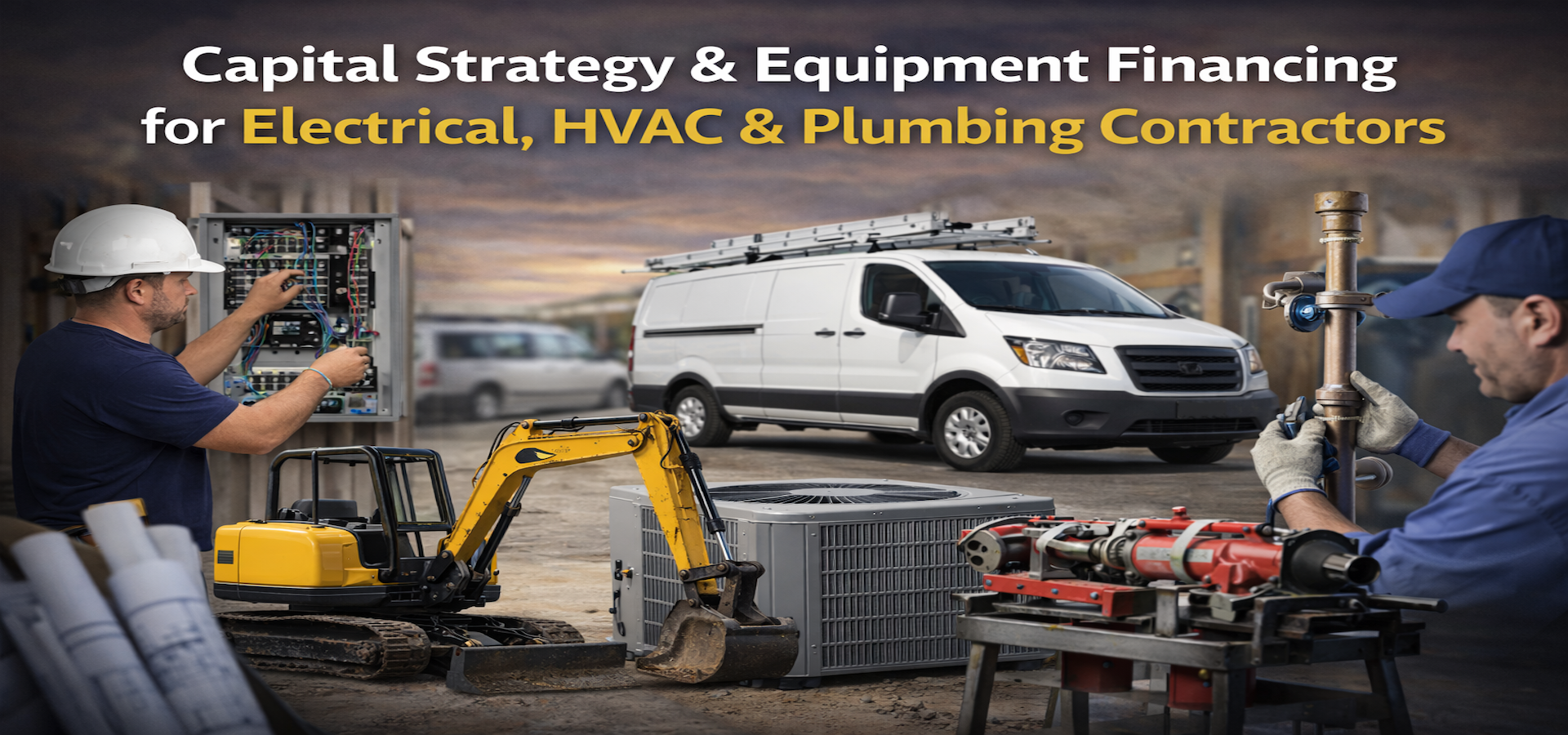 Electrical, HVAC, and plumbing contractors with service trucks and equipment on a job site.